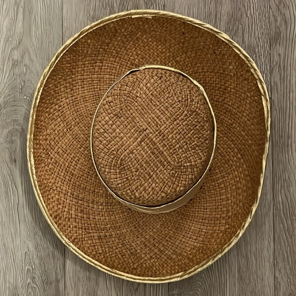 VINTAGE HAT 80s CACHÉ Straw Gold Metallic Shiny Lame Band+Rim Sun Beach Hiking - Picture 8 of 12